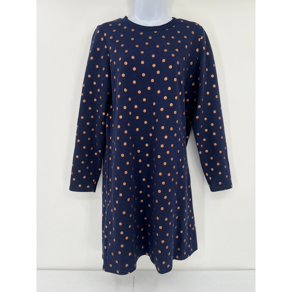 Boden Women US 8R Navy Blue Metallic Copper Polka Dot Sweatshirt Shift Dress